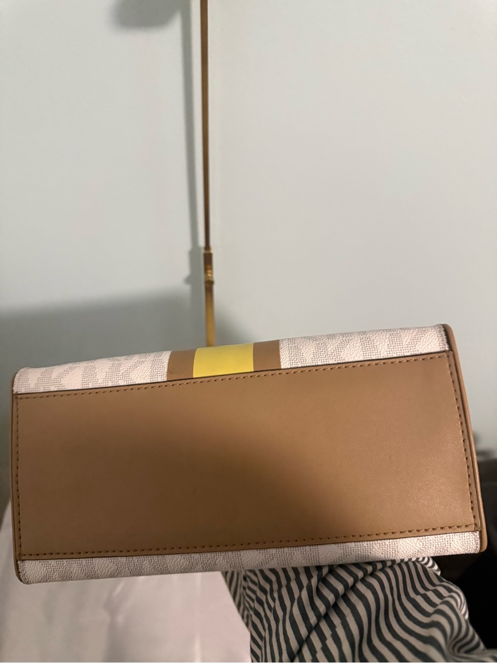 Michael Kors Beige and Yellow Stripe Satchel Handbag with Crossbody & bag charm! - Picture 14 of 15